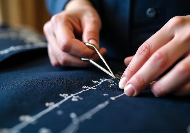 Sarto esperto che lavora su un tessuto di alta qualità con gesso e forbici