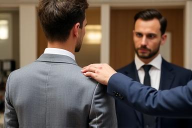 Uomo durante la prova di un abito imbastito in atelier
